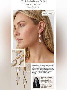 14k Gold Free People x Robindira Dangle Earrings - Moonstone NWT